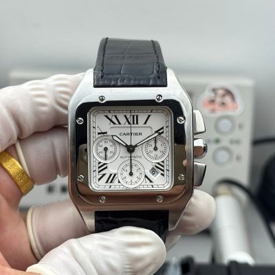 Santos De Cartier WSSA0017 7750 Movement White Gold Case Black Leather Strap Watch